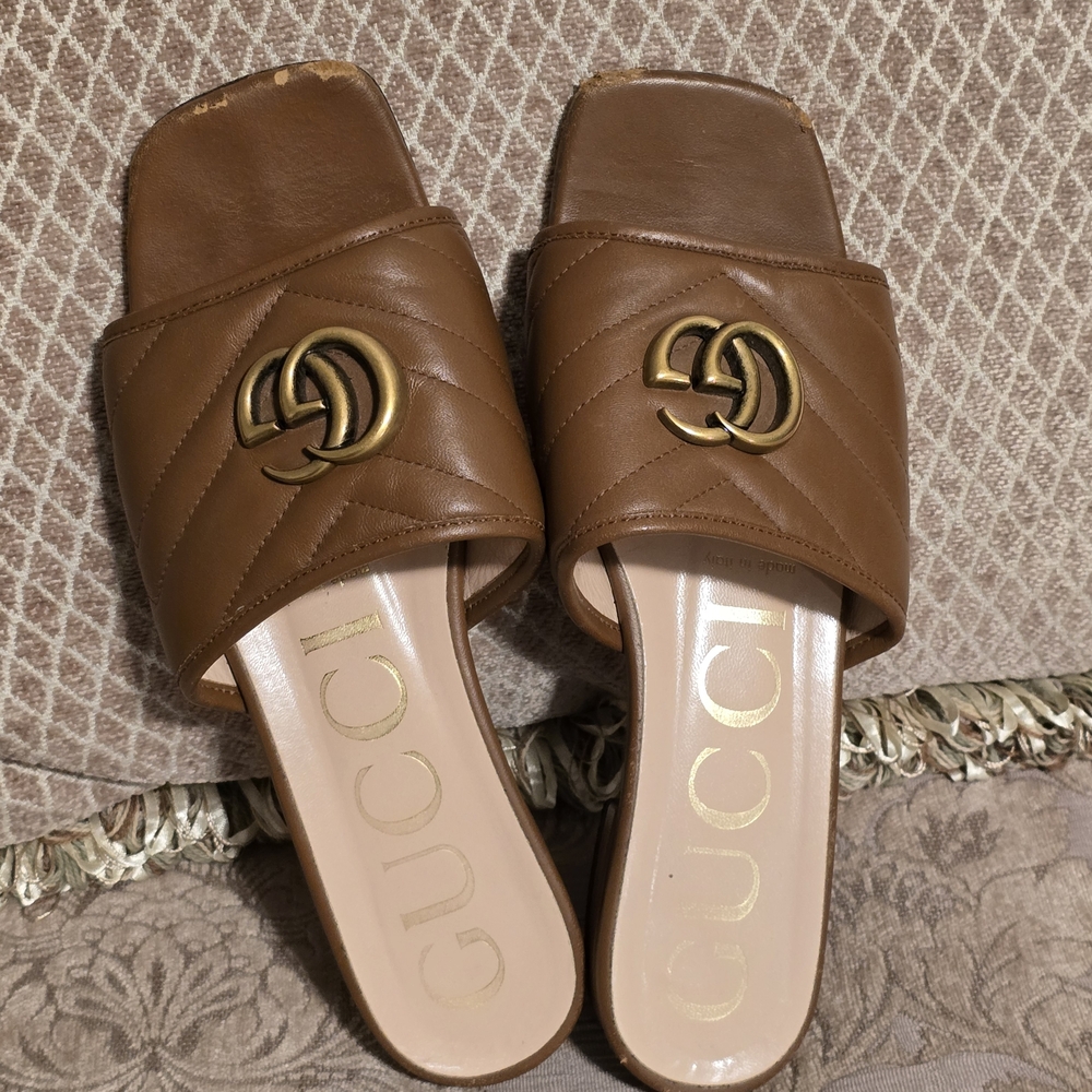 Gucci Tan Leather Mules with Gold Logo